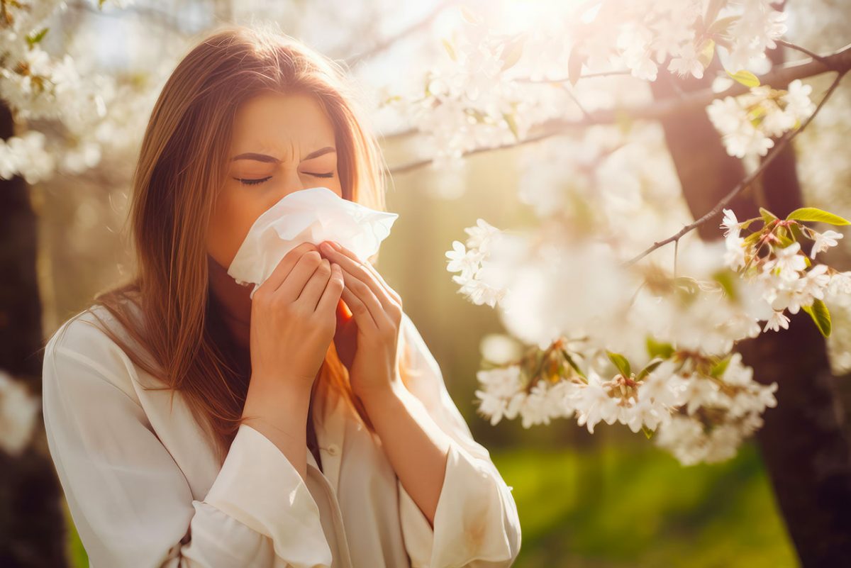 Frau steht neben einem blühenden Baum und schneuzt sich in ein Taschentuch