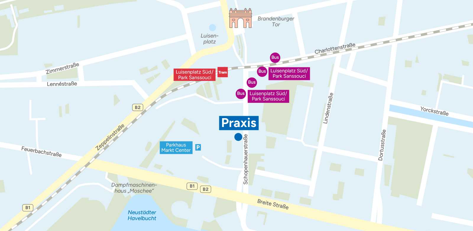 Lageplan der Lungenarztpraxis Dr. Müller in Potsdam zwischen Brandenburger Tor und Breite Straße